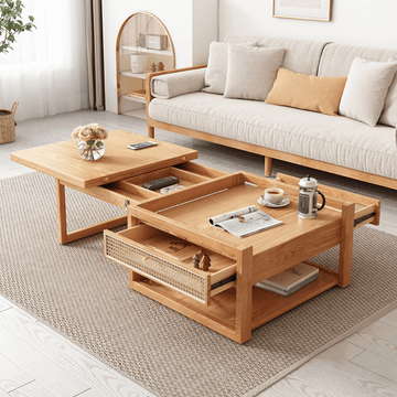 47-Inch Rectangular Solid Wood Multifunctional Coffee Table with Ash Wood and Rattan Block Base